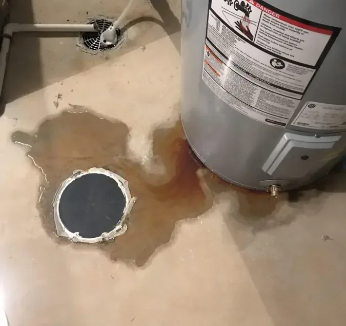 Water pooled around the base of a water heater and a floor drain