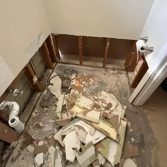 Bathroom stripped to the studs after a sewage backup cleanup