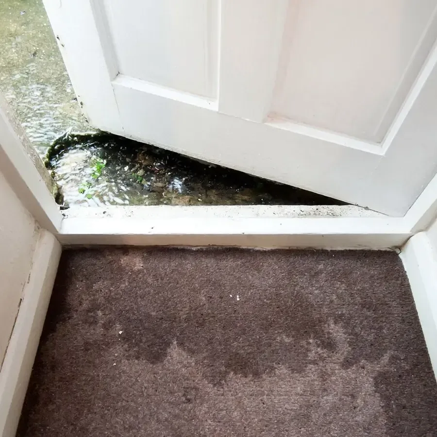 Water lies outside an open white door beside a damp interior floor covering.