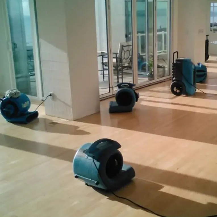 Blue air movers stand on wood flooring beside large glass doors.