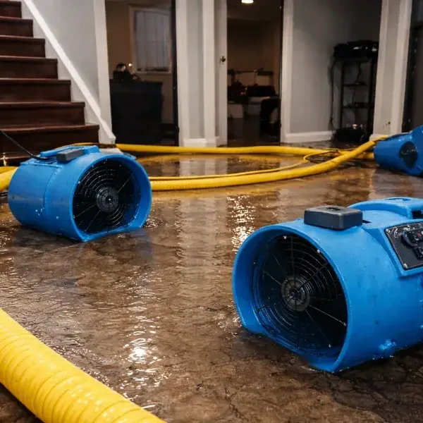 Air movers and drying ducts positioned across a wet interior floor