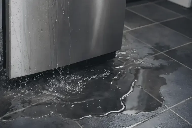Water leaking from a dishwasher onto a dark tile kitchen floor