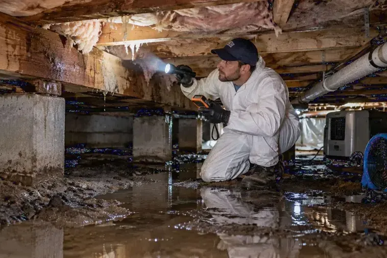 Technician in a protective suit inspecting standing water in a crawl space with an air mover running