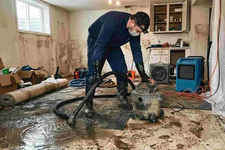 A worker wearing gloves and a respirator vacuums muddy water from an interior floor.