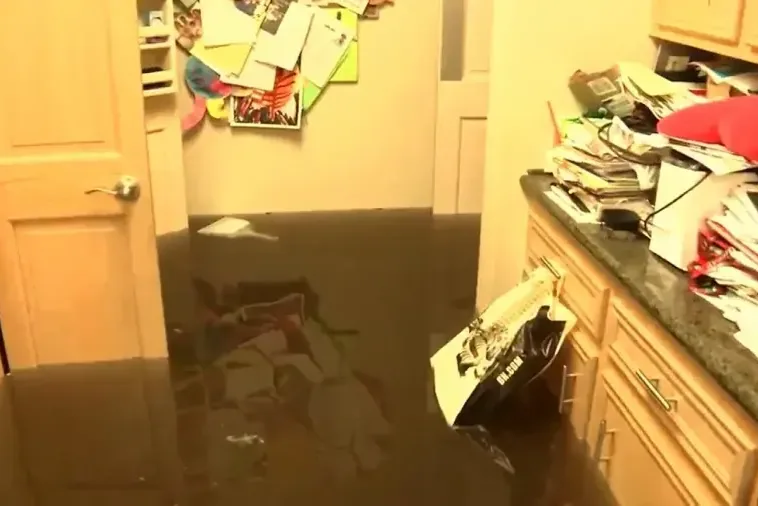 Standing brown water covers a furnished room with a desk and closed door.