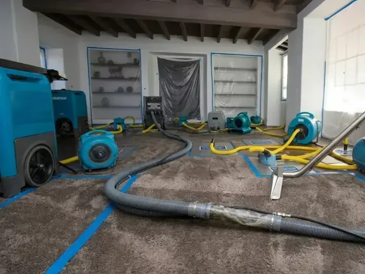Extraction wand and hoses cross a carpeted room beside blue drying equipment.