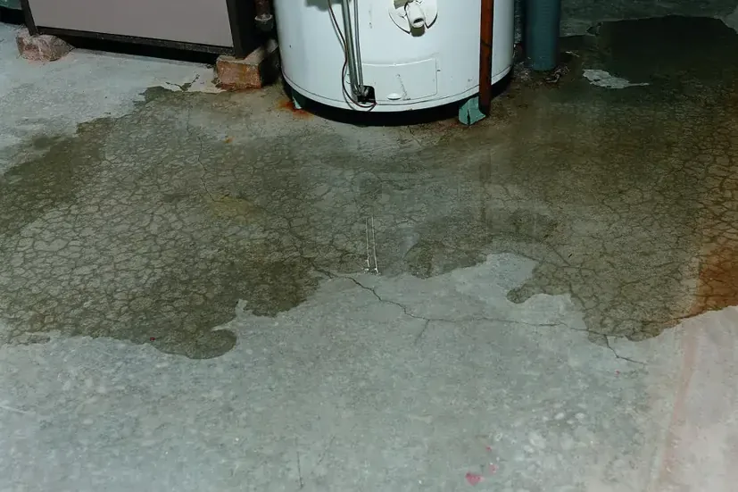 Water spread across the floor around a leaking water heater